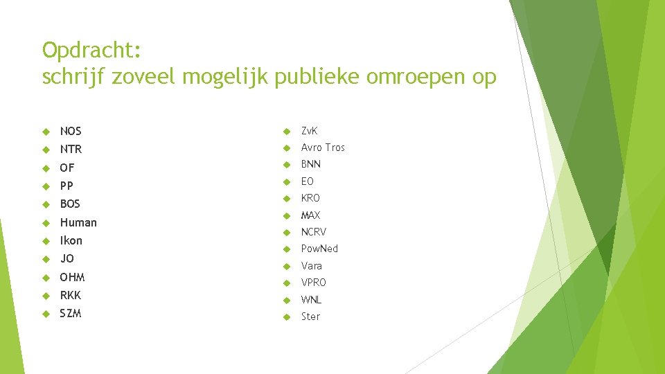 Opdracht: schrijf zoveel mogelijk publieke omroepen op NOS Zv. K NTR Avro Tros OF