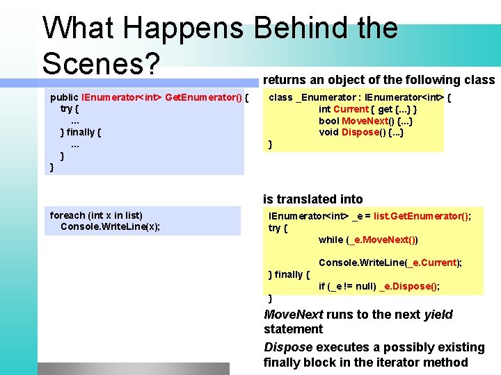 What Happens Behind the Scenes? returns an object of the following class public IEnumerator<int>