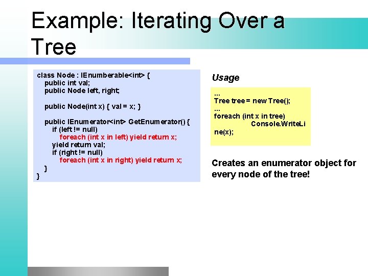 Example: Iterating Over a Tree class Node : IEnumberable<int> { public int val; public