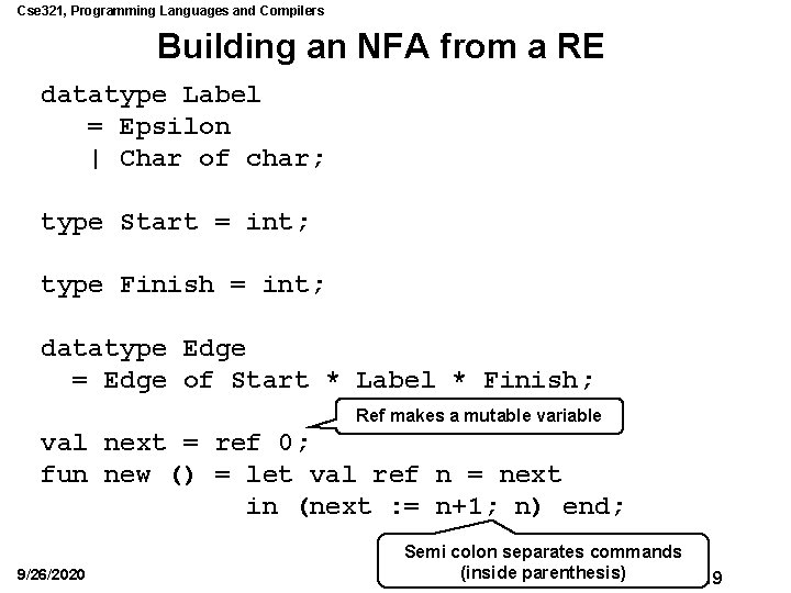 Cse 321, Programming Languages and Compilers Building an NFA from a RE datatype Label