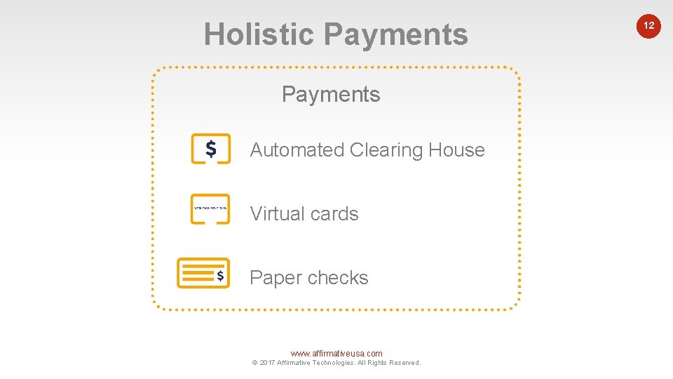 Holistic Payments Automated Clearing House Virtual cards Paper checks www. affirmativeusa. com © 2017