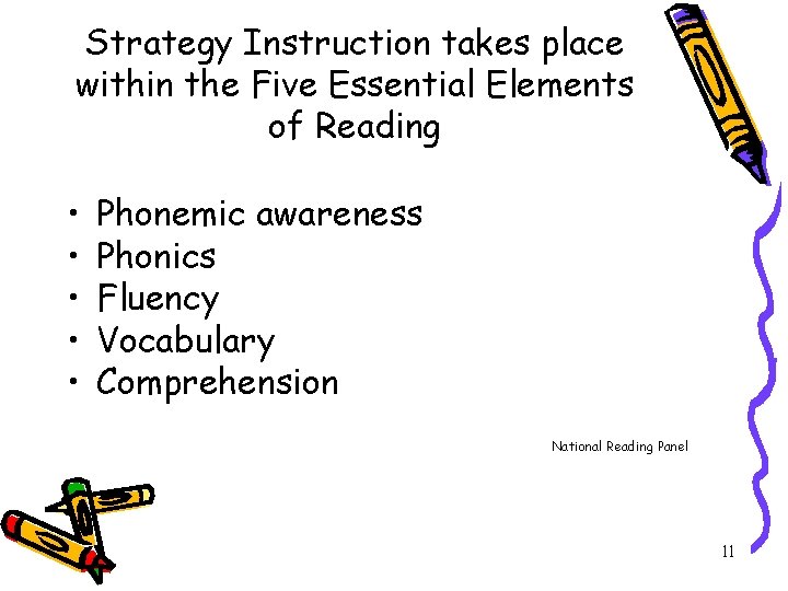 Strategy Instruction takes place within the Five Essential Elements of Reading • • •