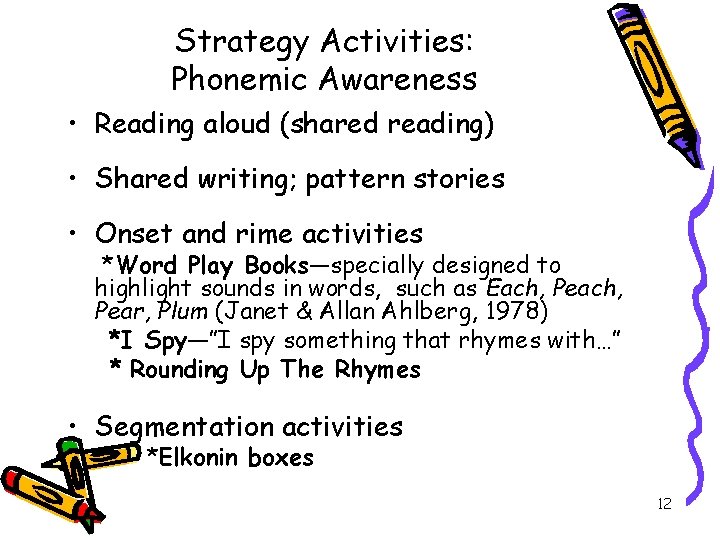 Strategy Activities: Phonemic Awareness • Reading aloud (shared reading) • Shared writing; pattern stories