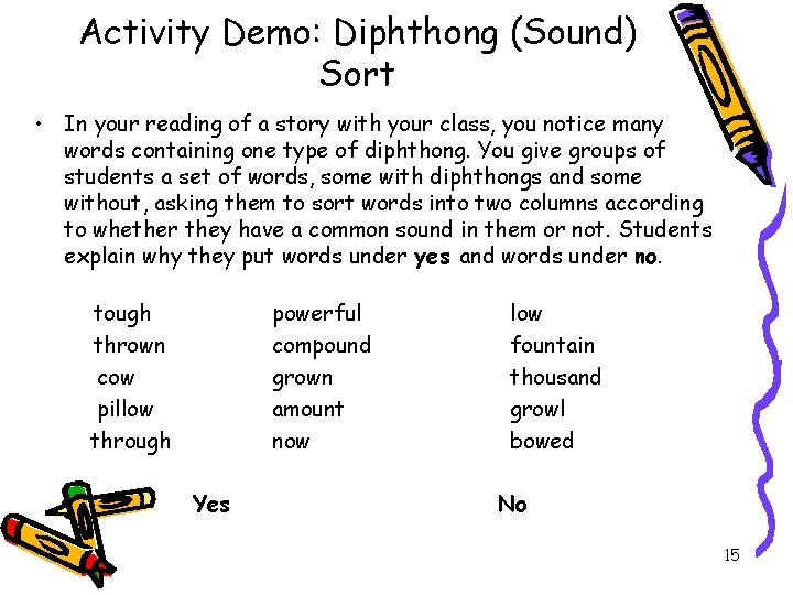 Activity Demo: Diphthong (Sound) Sort • In your reading of a story with your