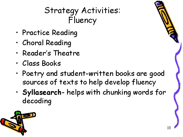 Strategy Activities: Fluency • • • Practice Reading Choral Reading Reader’s Theatre Class Books