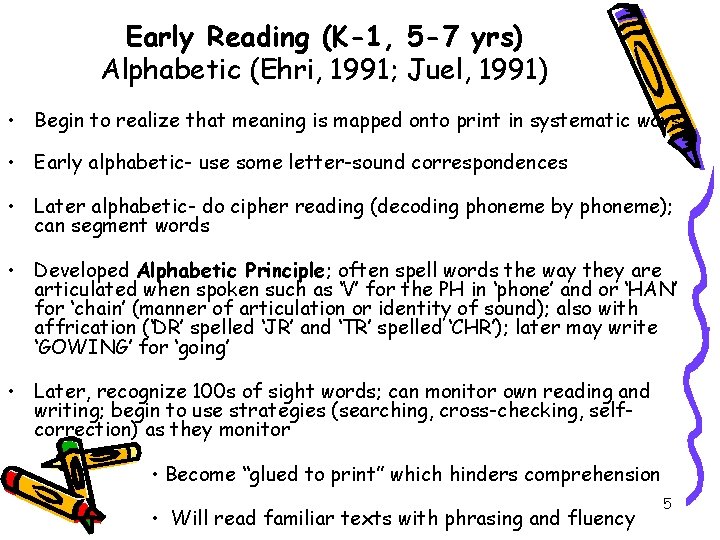 Early Reading (K-1, 5 -7 yrs) Alphabetic (Ehri, 1991; Juel, 1991) • Begin to