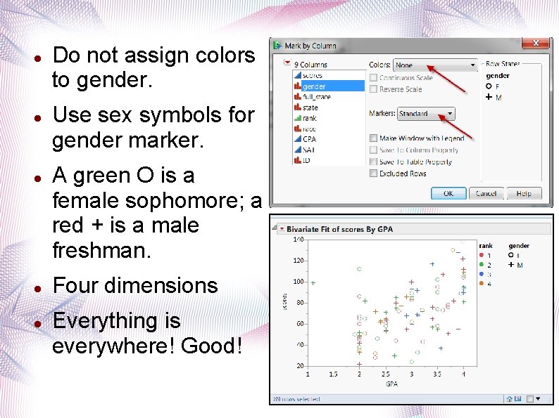  Do not assign colors to gender. Use sex symbols for gender marker. A
