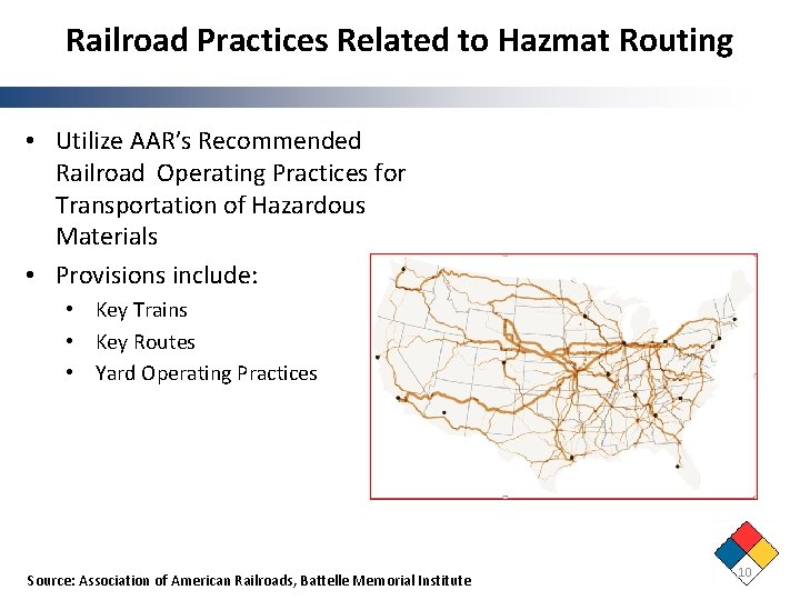 Railroad Practices Related to Hazmat Routing • Utilize AAR’s Recommended Railroad Operating Practices for Railroad Practices Related to Hazmat Routing • Utilize AAR’s Recommended Railroad Operating Practices for