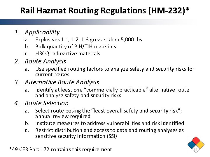 Rail Hazmat Routing Regulations (HM-232)* 1. Applicability a. Explosives 1. 1, 1. 2, 1. Rail Hazmat Routing Regulations (HM-232)* 1. Applicability a. Explosives 1. 1, 1. 2, 1.