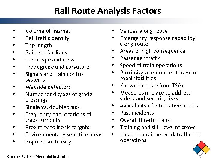 Rail Route Analysis Factors • • • • Volume of hazmat Rail traffic density Rail Route Analysis Factors • • • • Volume of hazmat Rail traffic density