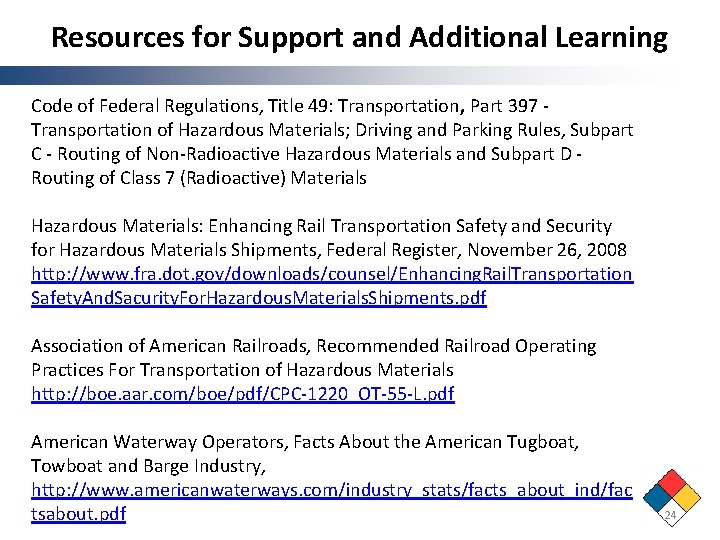 Resources for Support and Additional Learning Code of Federal Regulations, Title 49: Transportation, Part Resources for Support and Additional Learning Code of Federal Regulations, Title 49: Transportation, Part