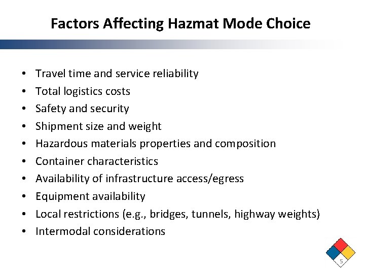 Factors Affecting Hazmat Mode Choice • • • Travel time and service reliability Total Factors Affecting Hazmat Mode Choice • • • Travel time and service reliability Total