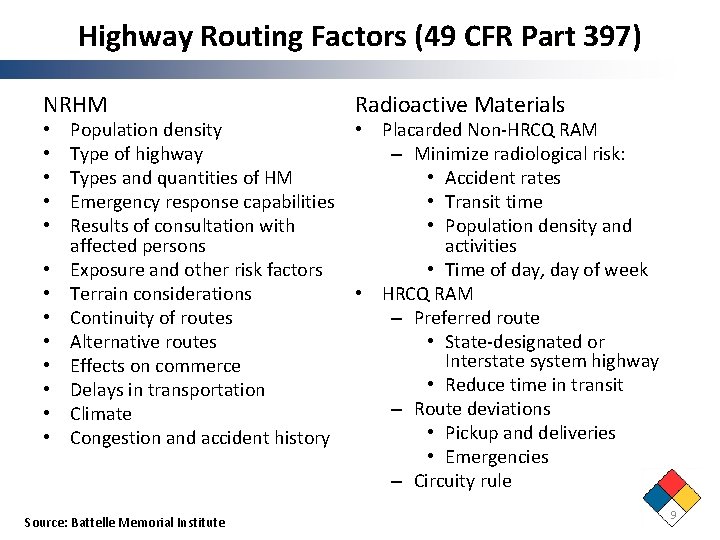 Highway Routing Factors (49 CFR Part 397) NRHM • • • • Population density Highway Routing Factors (49 CFR Part 397) NRHM • • • • Population density