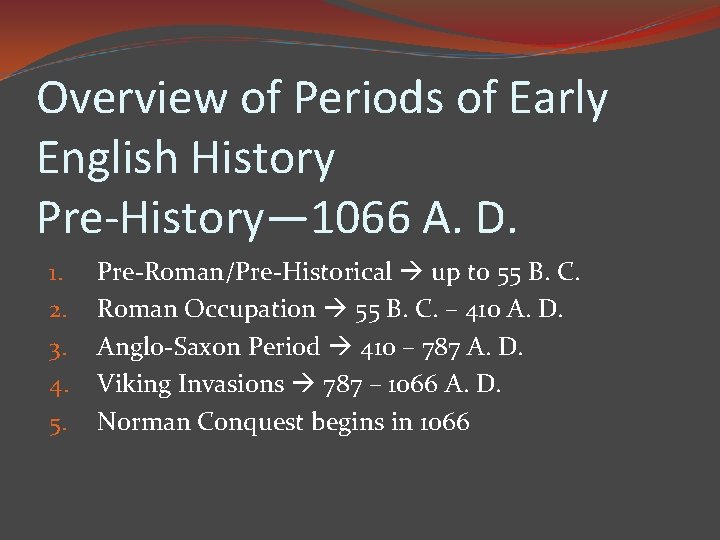 Overview of Periods of Early English History Pre-History— 1066 A. D. 1. 2. 3.