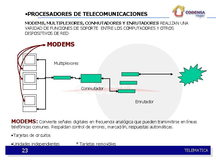  • PROCESADORES DE TELECOMUNICACIONES MODEMS, MULTIPLEXORES, CONMUTADORES Y ENRUTADORES REALIZAN UNA VARIDAD DE