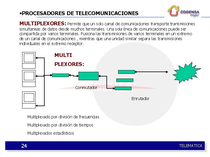  • PROCESADORES DE TELECOMUNICACIONES MULTIPLEXORES: Permite que un solo canal de comunicaciones transporte