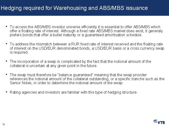 Hedging required for Warehousing and ABS/MBS issuance 13 • To access the ABS/MBS investor