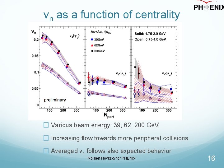 vn as a function of centrality � Various beam energy: 39, 62, 200 Ge.