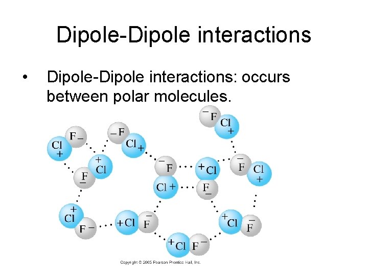 Dipole-Dipole interactions • Dipole-Dipole interactions: occurs between polar molecules. 