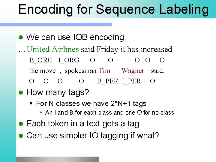 Encoding for Sequence Labeling We can use IOB encoding: …United Airlines said Friday it