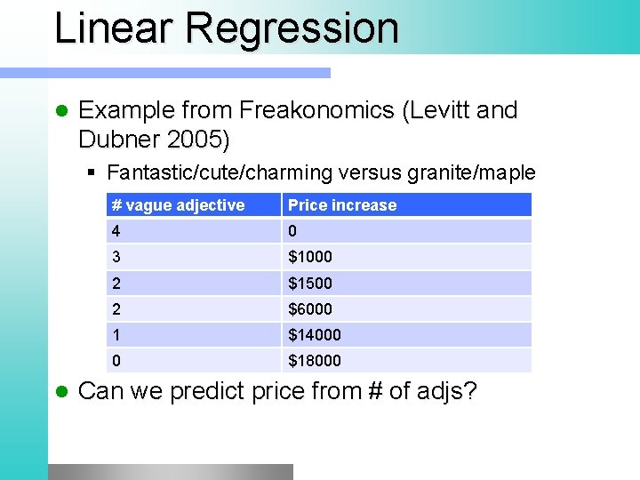 Linear Regression l Example from Freakonomics (Levitt and Dubner 2005) § Fantastic/cute/charming versus granite/maple