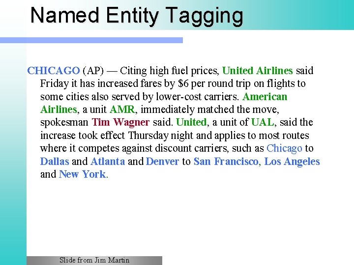 Named Entity Tagging CHICAGO (AP) — Citing high fuel prices, United Airlines said Friday
