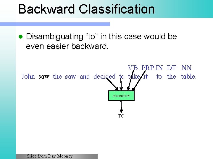 Backward Classification l Disambiguating “to” in this case would be even easier backward. VB