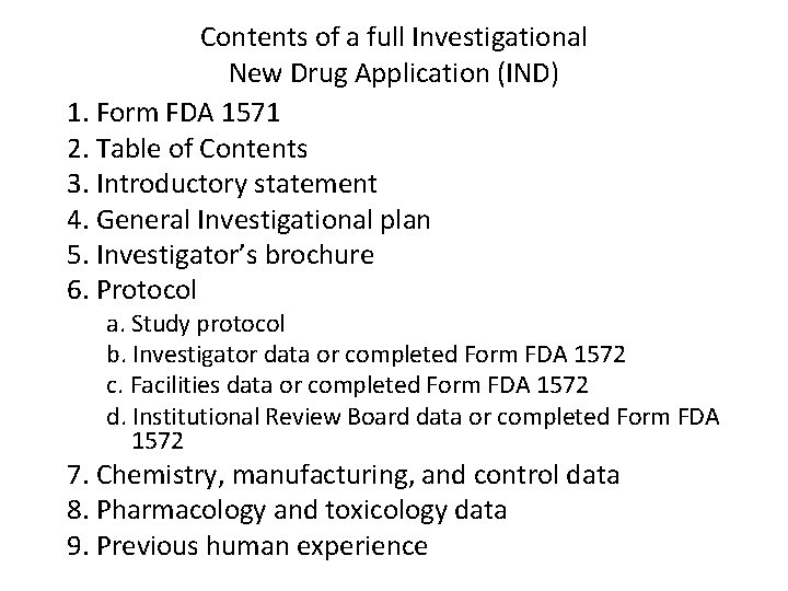 Contents of a full Investigational New Drug Application (IND) 1. Form FDA 1571 2.