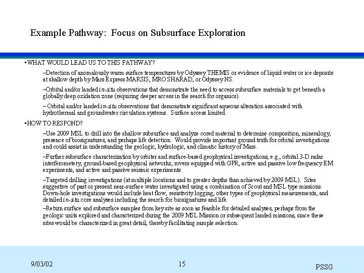Example Pathway: Focus on Subsurface Exploration • WHAT WOULD LEAD US TO THIS PATHWAY?