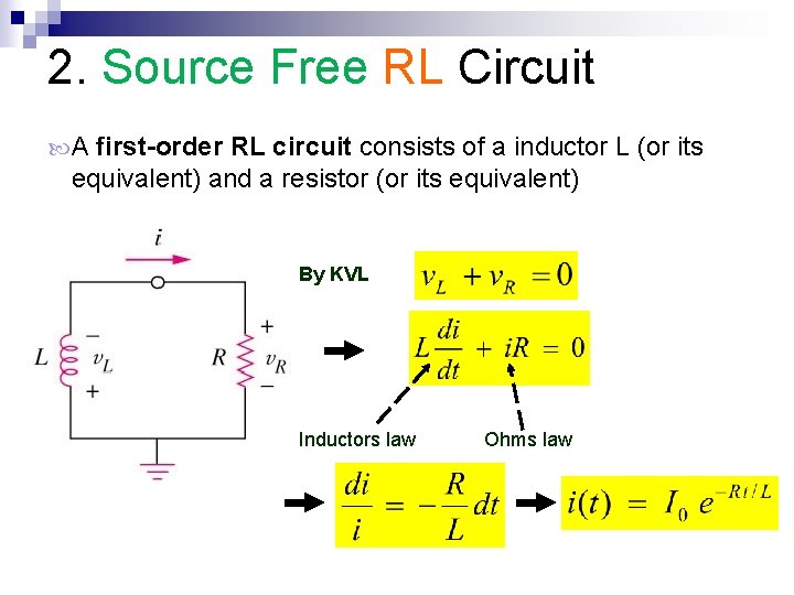 2. Source Free RL Circuit A first-order RL circuit consists of a inductor L