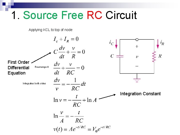 1. Source Free RC Circuit Applying KCL to top of node First Order Differential