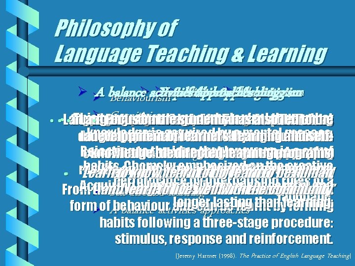 Philosophy of Language Teaching & Learning ØLearning Behaviourism Ø ØA balance Øactivities Ø Acquisition