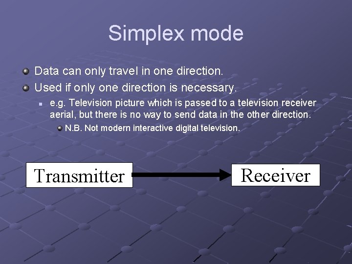 Simplex mode Data can only travel in one direction. Used if only one direction