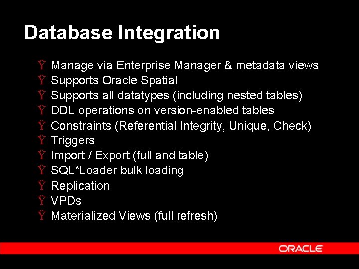 Database Integration Ÿ Ÿ Ÿ Manage via Enterprise Manager & metadata views Supports Oracle Database Integration Ÿ Ÿ Ÿ Manage via Enterprise Manager & metadata views Supports Oracle