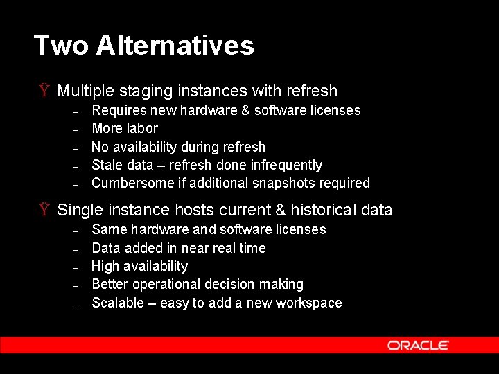 Two Alternatives Ÿ Multiple staging instances with refresh – – – Requires new hardware Two Alternatives Ÿ Multiple staging instances with refresh – – – Requires new hardware