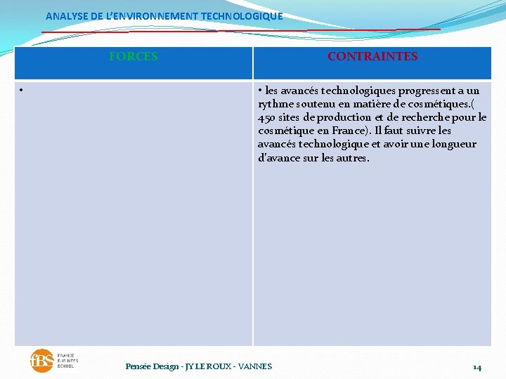 ANALYSE DE L’ENVIRONNEMENT TECHNOLOGIQUE FORCES • CONTRAINTES • les avancés technologiques progressent a un