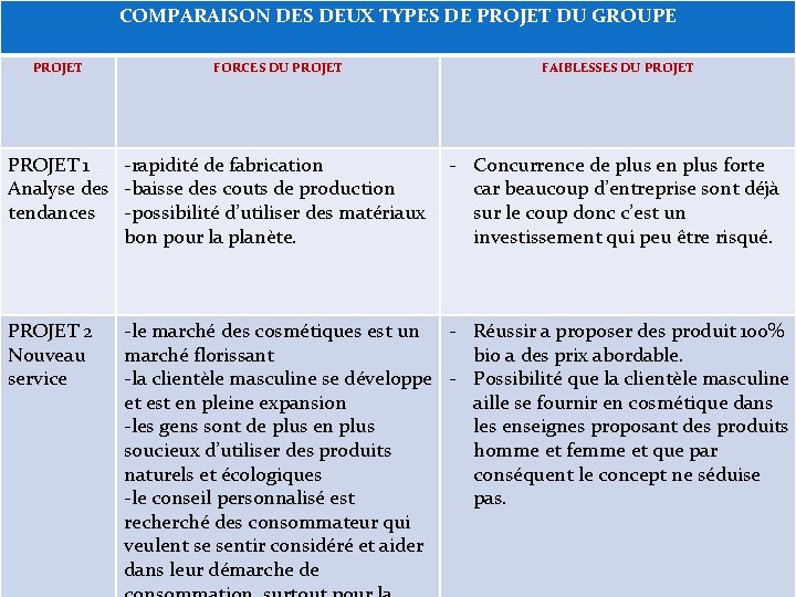 COMPARAISON DES DEUX TYPES DE PROJET DU GROUPE PROJET FORCES DU PROJET 1 -rapidité