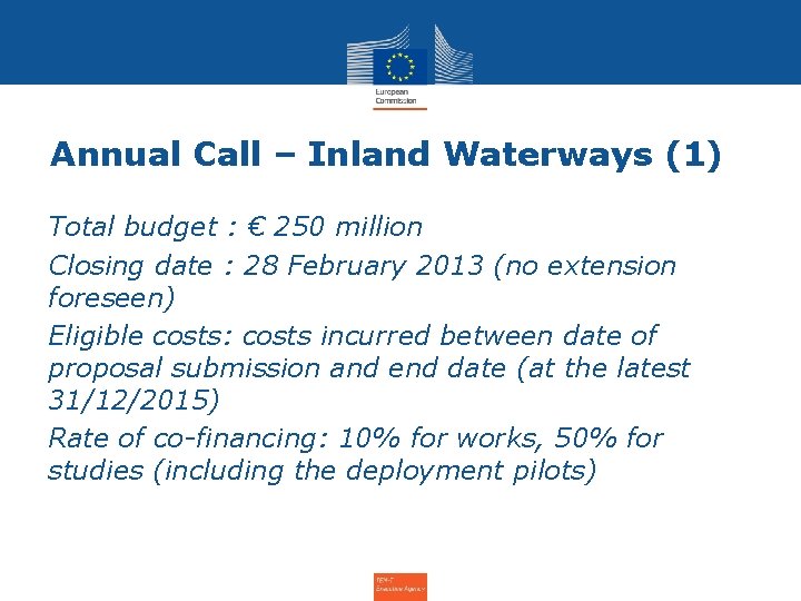 Annual Call – Inland Waterways (1) Total budget : € 250 million Closing date