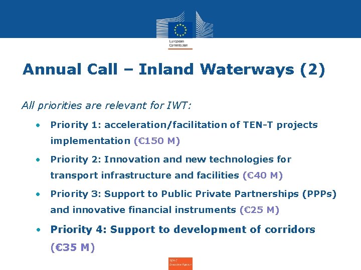 Annual Call – Inland Waterways (2) All priorities are relevant for IWT: • Priority