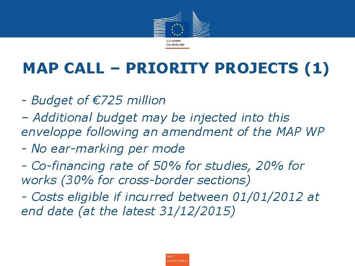 MAP CALL – PRIORITY PROJECTS (1) - Budget of € 725 million – Additional