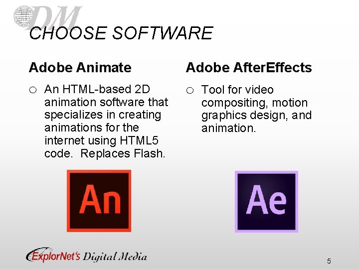 CHOOSE SOFTWARE Adobe Animate Adobe After. Effects o o An HTML-based 2 D animation