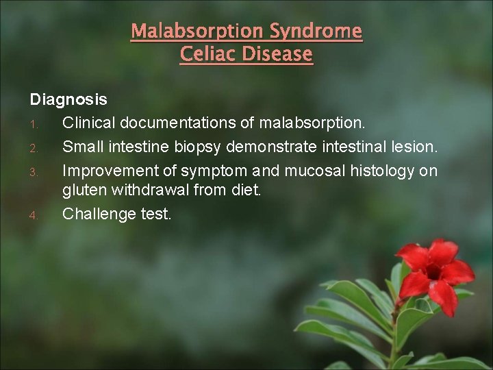 Malabsorption Syndrome Celiac Disease Diagnosis 1. Clinical documentations of malabsorption. 2. Small intestine biopsy