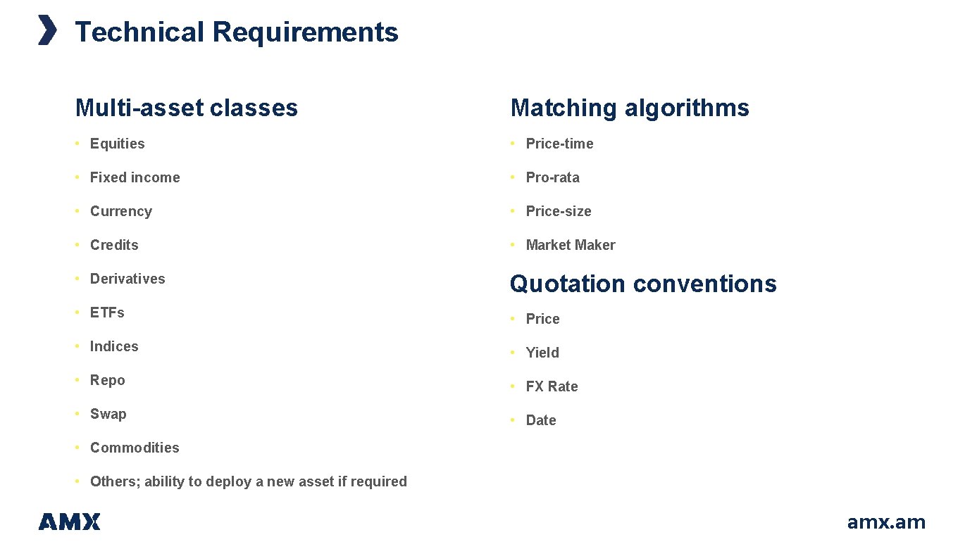 Technical Requirements Multi-asset classes Matching algorithms • Equities • Price-time • Fixed income • Technical Requirements Multi-asset classes Matching algorithms • Equities • Price-time • Fixed income •
