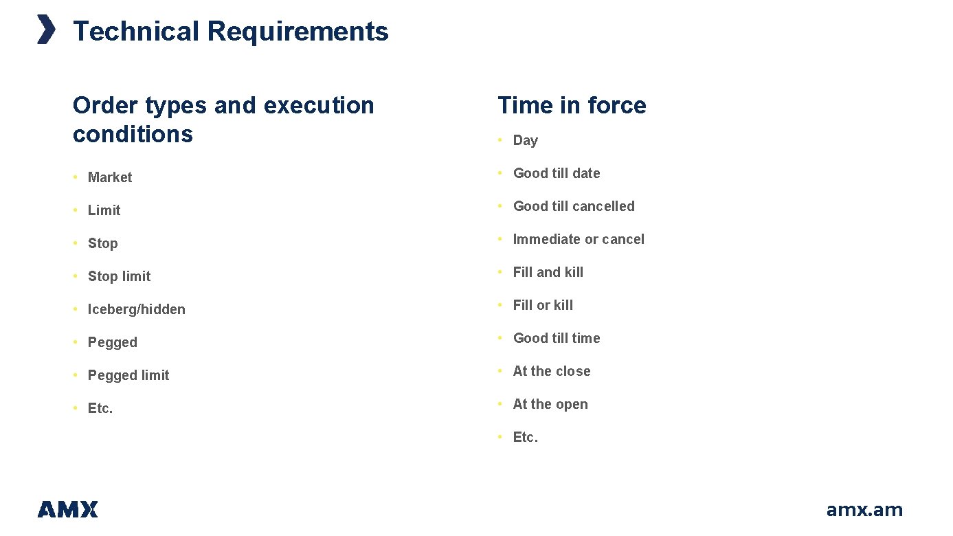 Technical Requirements Order types and execution conditions • Day • Market • Good till Technical Requirements Order types and execution conditions • Day • Market • Good till