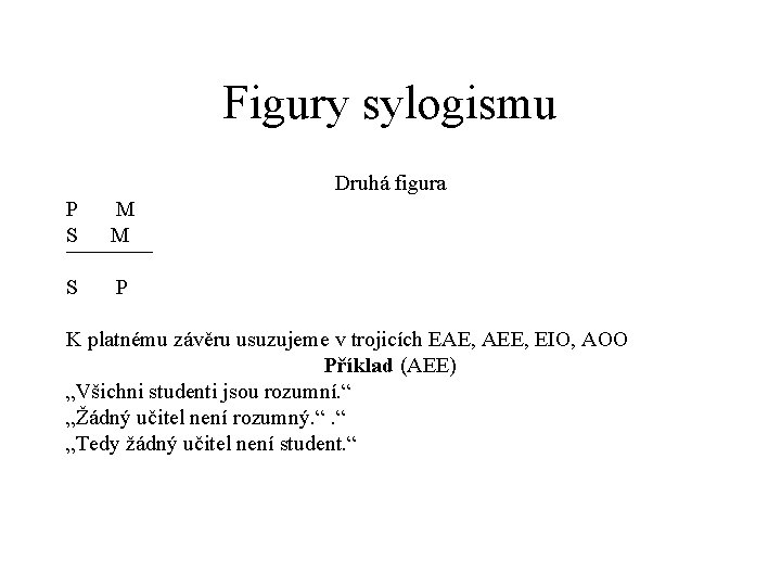 Figury sylogismu Druhá figura P M S M ¯¯¯¯ S P K platnému závěru