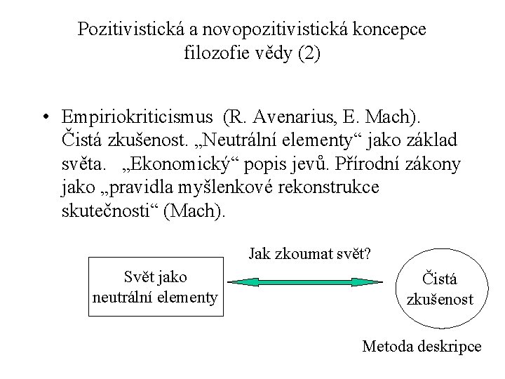 Pozitivistická a novopozitivistická koncepce filozofie vědy (2) • Empiriokriticismus (R. Avenarius, E. Mach). Čistá