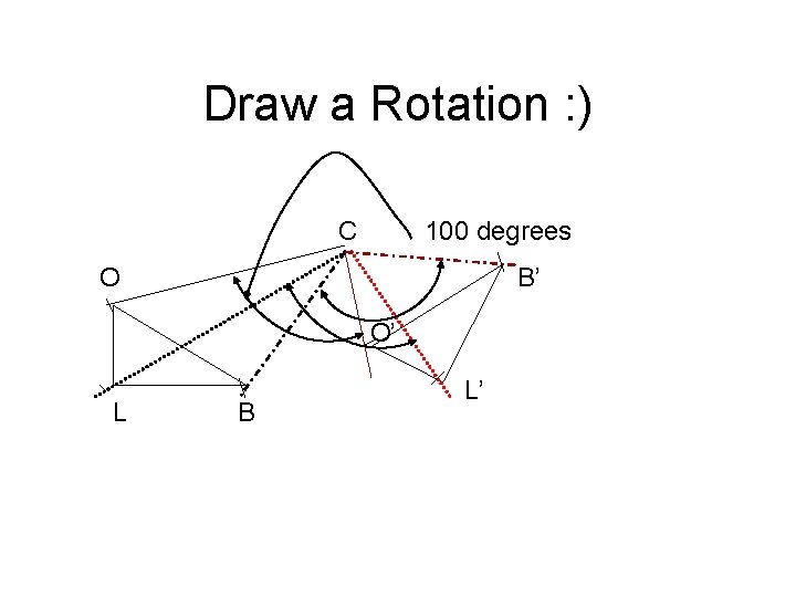 Draw a Rotation : ) C 100 degrees O B’ O’ L B L’