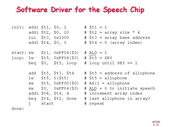 Software Driver for the Speech Chip init: addi lui addi start: sw loop: lw