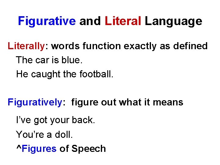 Figurative and Literal Language Literally: words function exactly as defined The car is blue.