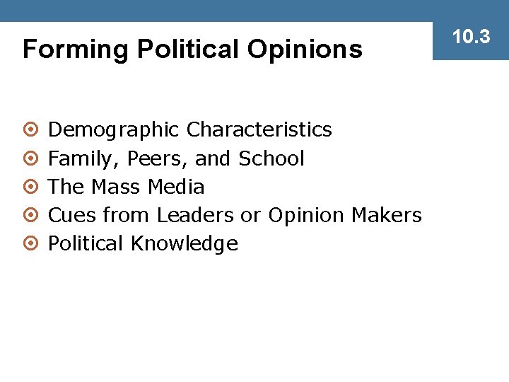 Forming Political Opinions ¤ ¤ ¤ Demographic Characteristics Family, Peers, and School The Mass